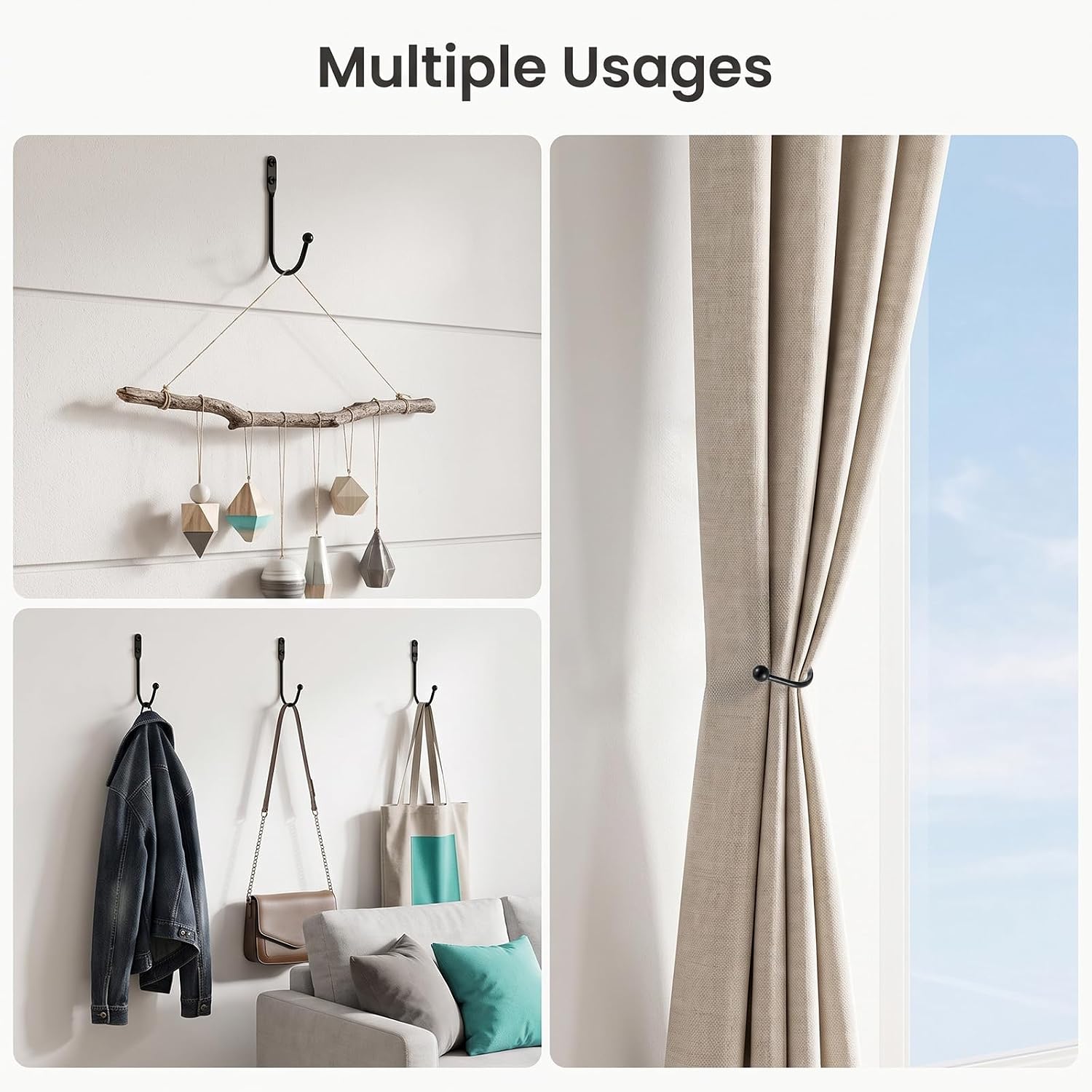 8 PCS Curtain Holdbacks Black, Metal Curtain Tie Backs Wall Mounted