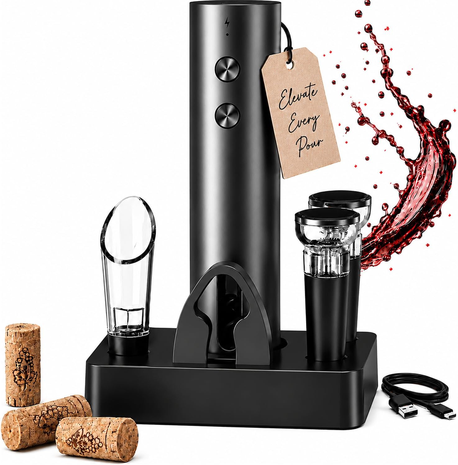 Electric Wine Opener, Rechargeable Automatic Wine Bottle Opener Set | Electric Corkscrew Wine Opener With Foil Cutter, Aerator Pourer, 2 Vacuum Stoppers, Storage Base, Gift For Wine Lovers, Black