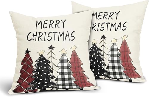 Juego de 2 fundas de almohada decorativas de Navidad de 20 x 20 pulgadas, diseño de búfalo blanco y negro, con diseño de árboles rojos y rojos para