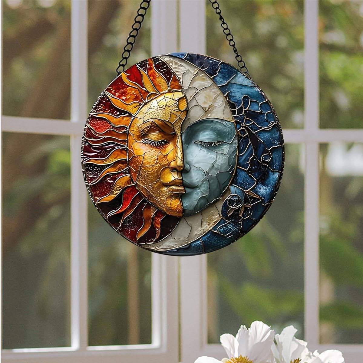 Sun and Moon Stained Glass Sun Catcher - 7.8'' Hand-Painted Window Hanging for Indoor/Outdoor Decor, Suncatcher Glass Panel Wall Art Decor for Women, Celestial Lovers (Colour-3)