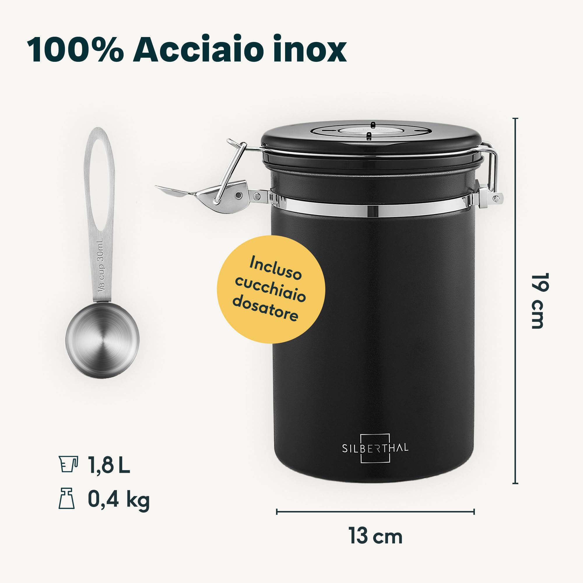 SILBERTHAL Porta caffè ermetico 500g - Acciaio inox con cucchiaio dosacaffè - Contenitore caffe in grani o macinato