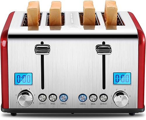 Miniatura 9 de Roter Mond Countdown - Tostadora de 4 rebanadas de acero inoxidable con bagel, descongelación, función de cancelación, tostadora doble, ranuras