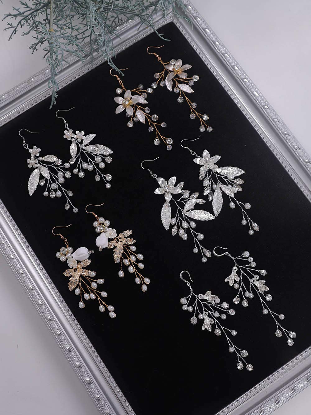 DeniferyHandmade Earrings Flower Chandelier Earrings Bridal Earrings Flower Leaf Earrings Pearl Wedding Dangle Earrings Statement Rhinestone Earrings Jewelry for Wedding Party Daily Wear (Style 2)