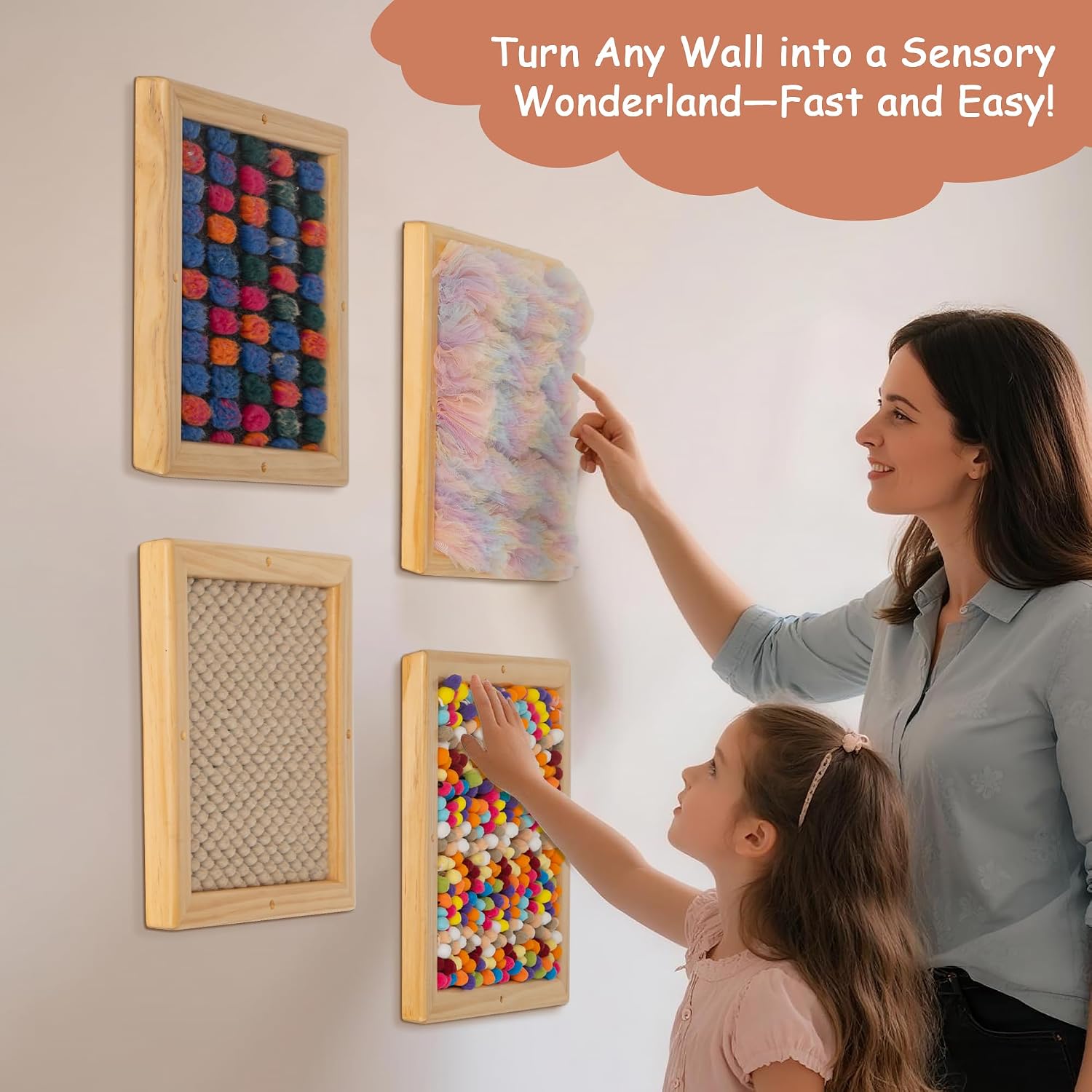 4-Piece Sensory Touch Panel Set with Solid Wood Frames – Wall-Mounted Textured Boards for Kids’ Early Learning & Sensory Play