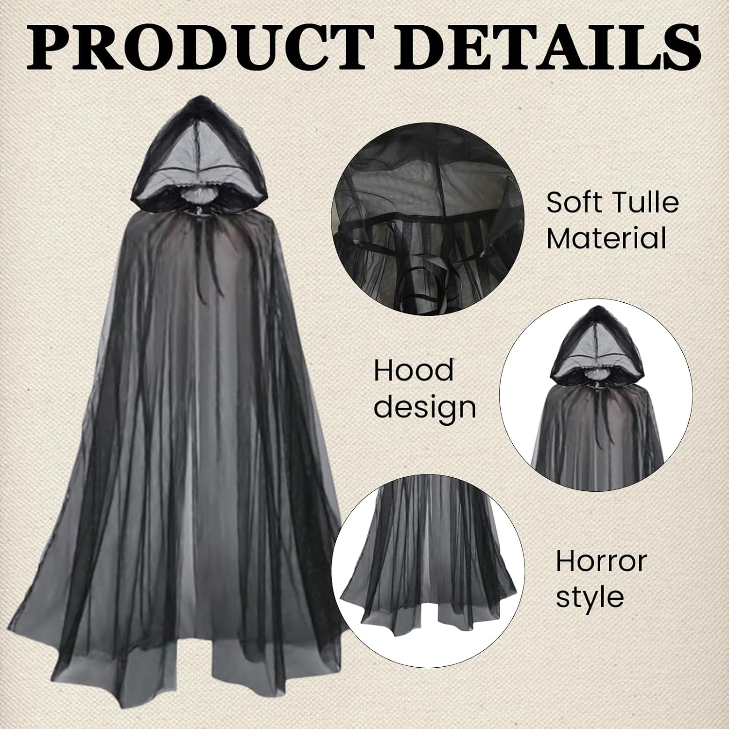 1 Pcs Tulle Cloak with Hood, 59 Inches Hooded Tulle Cape with Long Train for Adults, Black Sheer Cape for Women for Men, Bride Ghost Cloak for Halloween Wedding Cosplay Party