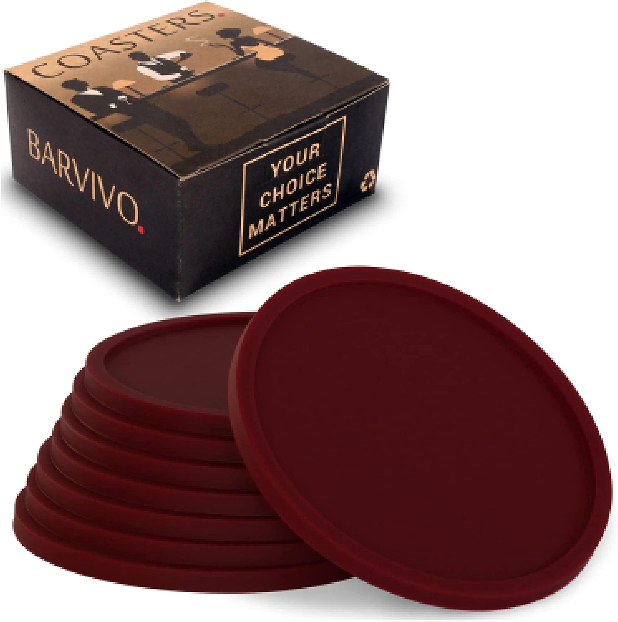 Drink Coasters by Barvivo Set of 8 - Tabletop Protection For Any Table Type, Wood, Granite, Glass, Soapstone, Marble, Stone Tables - Perfect Red Soft Coaster Fits Any Size of Drinking Glasses.