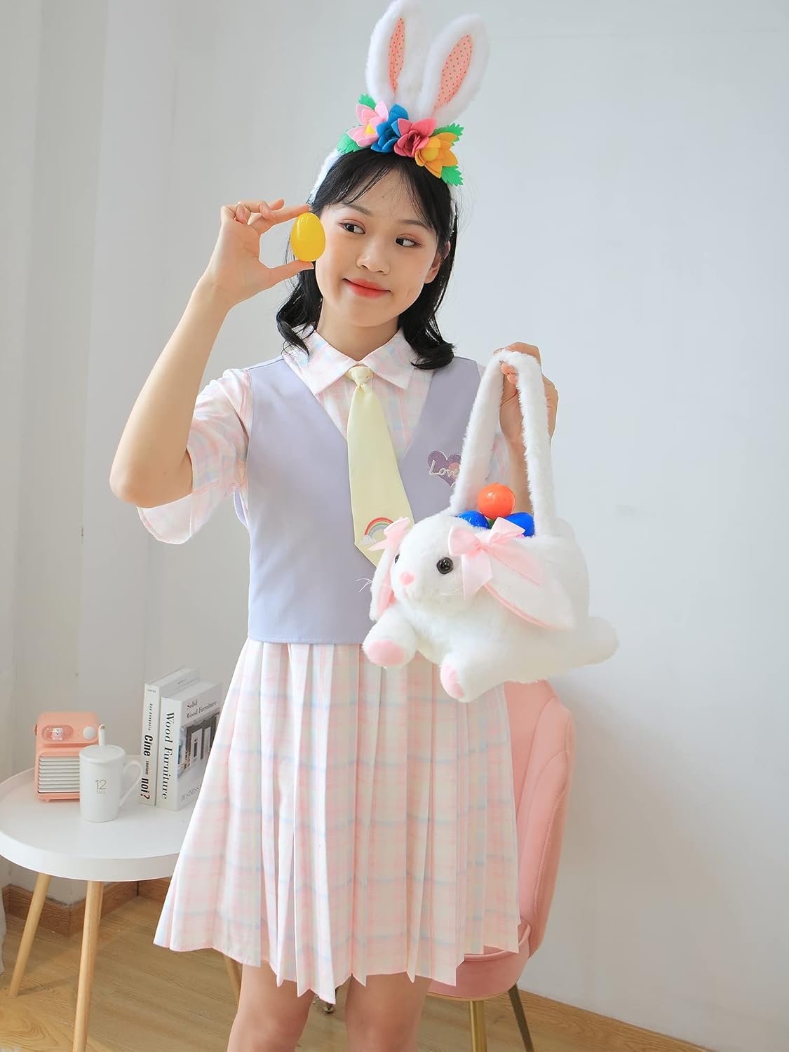 DearSun Exquisite Embroidery ! Personalized Easter Egg Hunting Basket 3D Plush Bunny Basket Candy Gift Bucket with Embroidery Name (White Plush Bunny Basket)