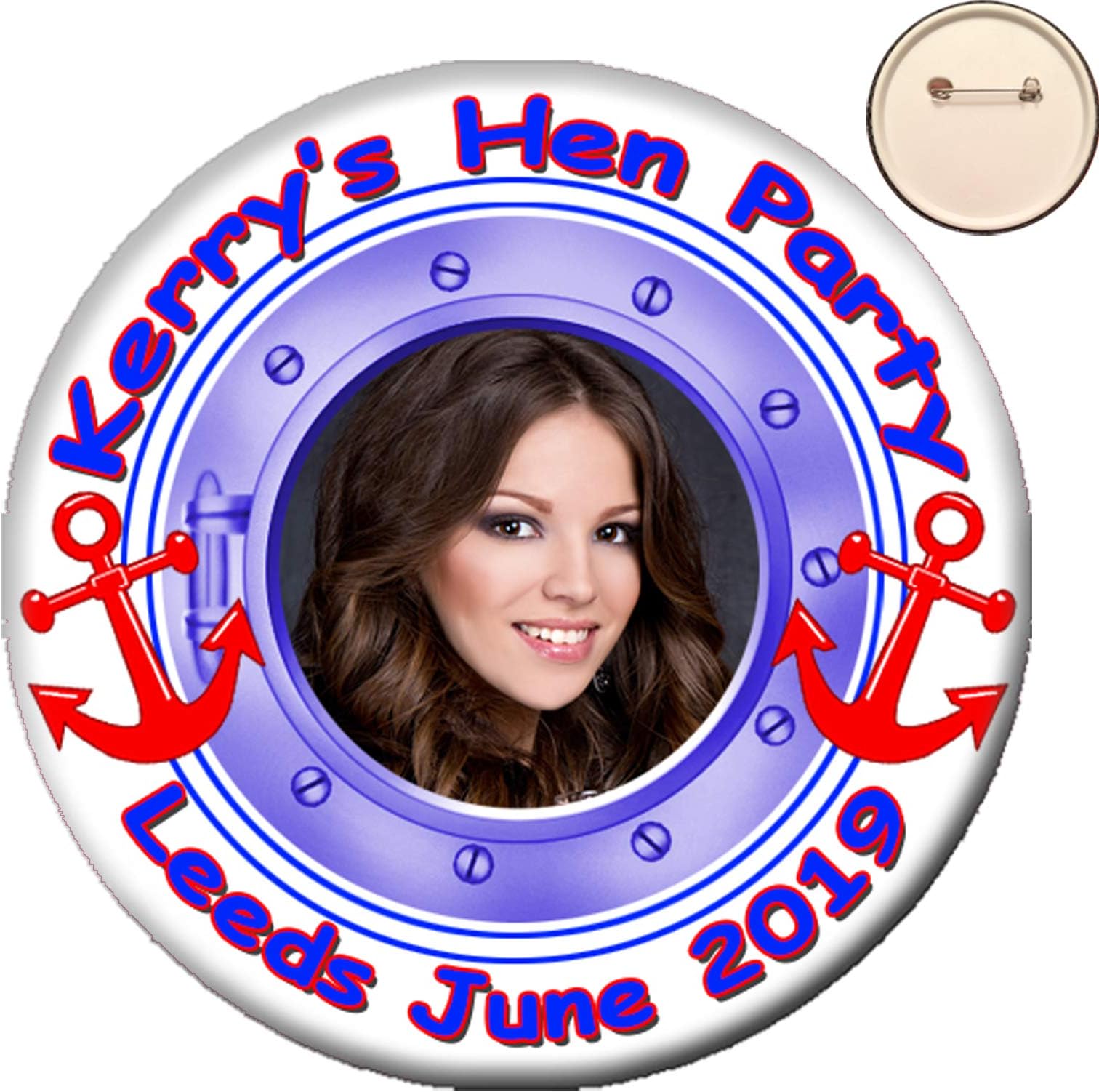 Personalised SAILOR WHITE/BLUE Nautical Theme Photo PIN BADGE Button Hen Party Night 58mm