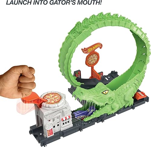 Miniatura 3 de Hot Wheels Juego de pista de juguete para autos Gator Loop Attack Playset en lugar de pizza con coche a escala 164, se conecta a otros juegos
