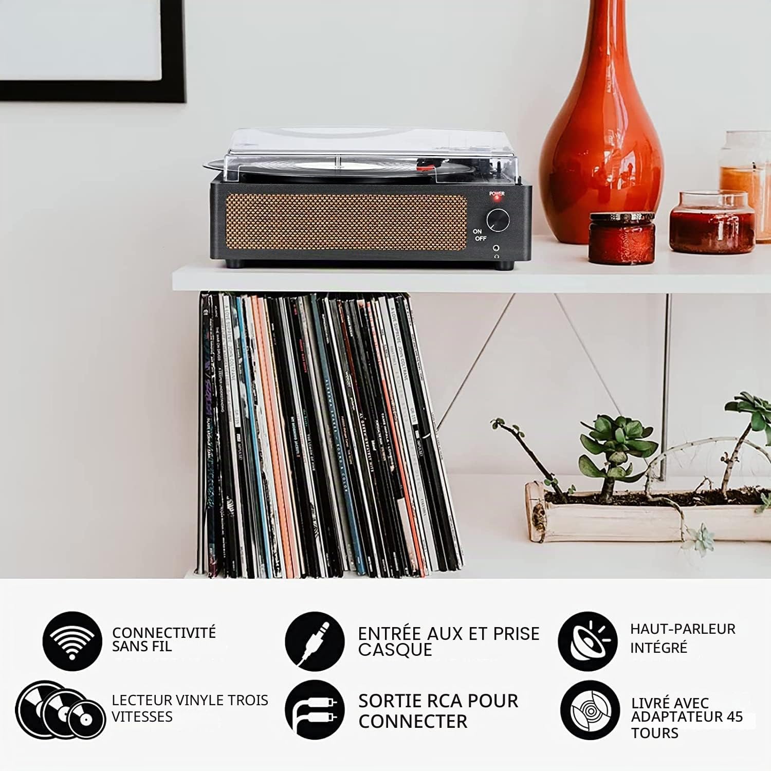 Vintage Platine Vinyle avec Haut Parleur, pour disques vinyles, Prise en Charge 3 Vitesses, Lecture sans Fil, entrée AUX, Ligne RCA LP lecteurs vinyles rétro Noir