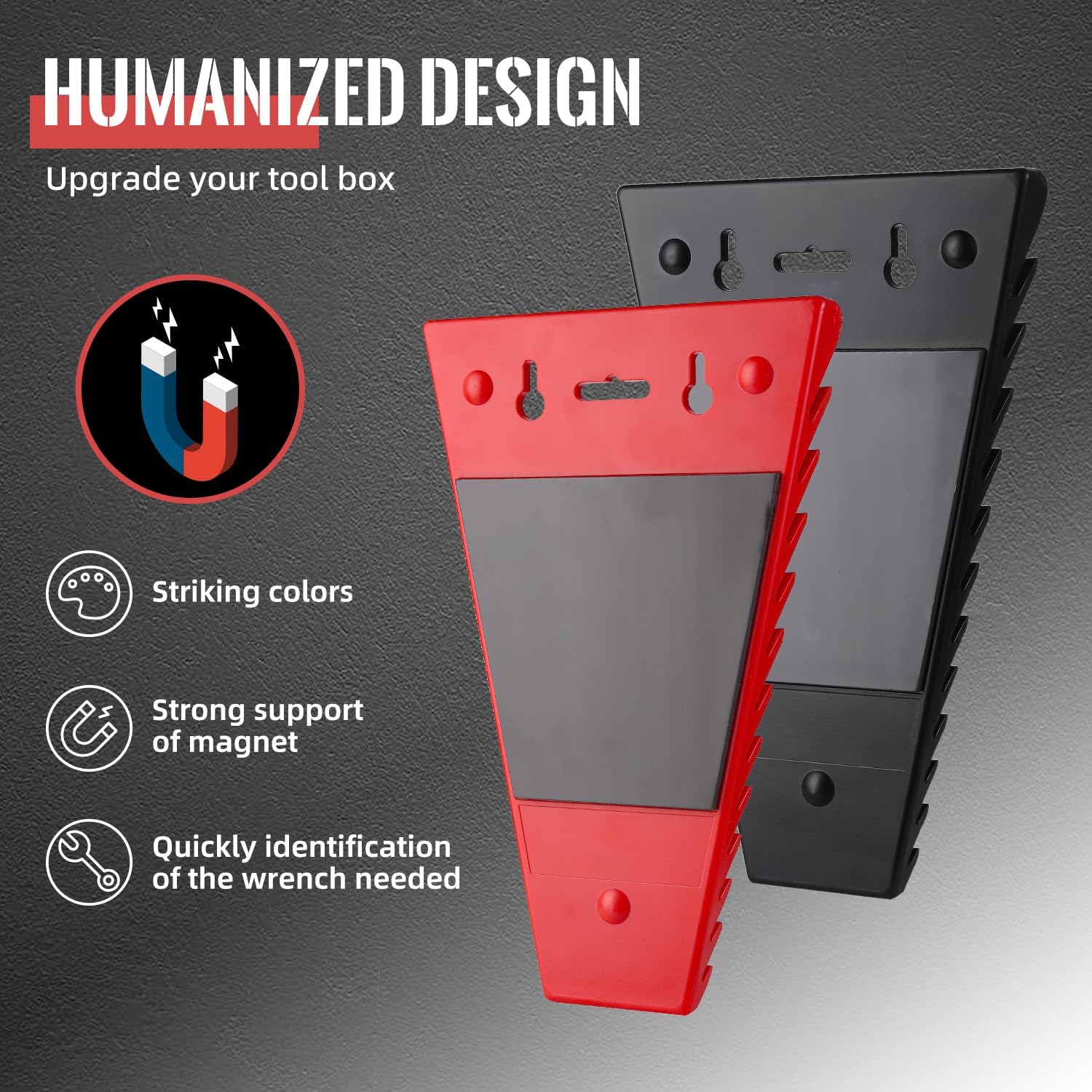 Reniteco 2-Pack Magnetic Wrench Organizer, ABS Wrench Holder Tool Trays, 24 Slots Wrench Storage for Tool Box, Wrench Racks Fit SAE & Metric(Red&Black)
