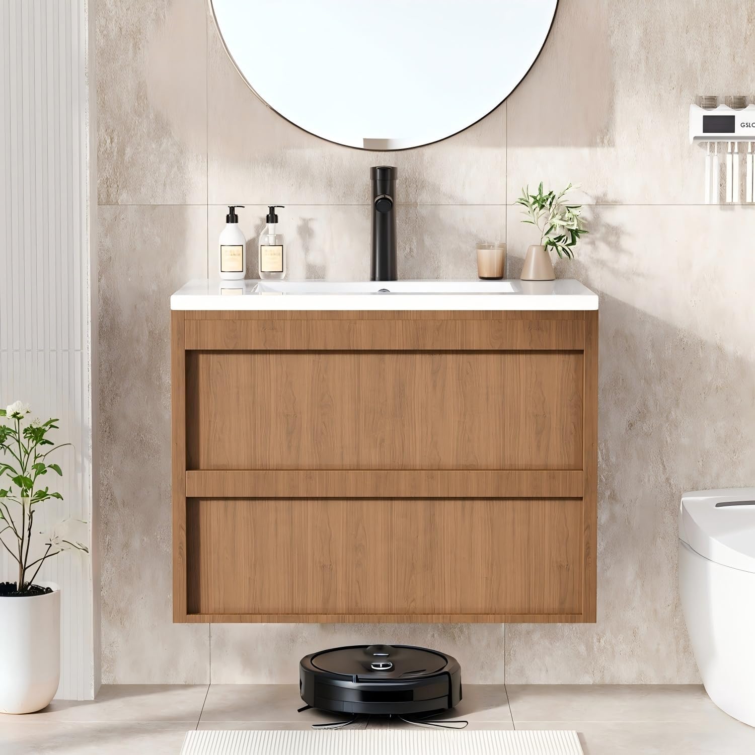 EROMMY 24 Inch Bathroom Vanity with Sink, Floating Bathroom Vanity with 2 Large Storage Drawers, Wood Grain Wall Mounted Bathroom Cabinet Includes Water Tap & Sink Accessories, Natural