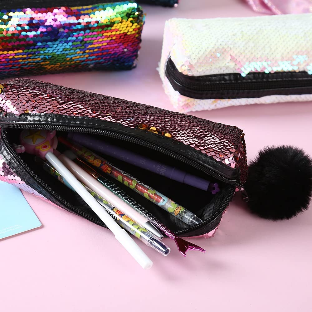 Astuccio Con Paillettes Reversibili 3 Colori - Portapenne E Borsetta Trucco Con Pompon - Regalo Per Ragazze Studentesse