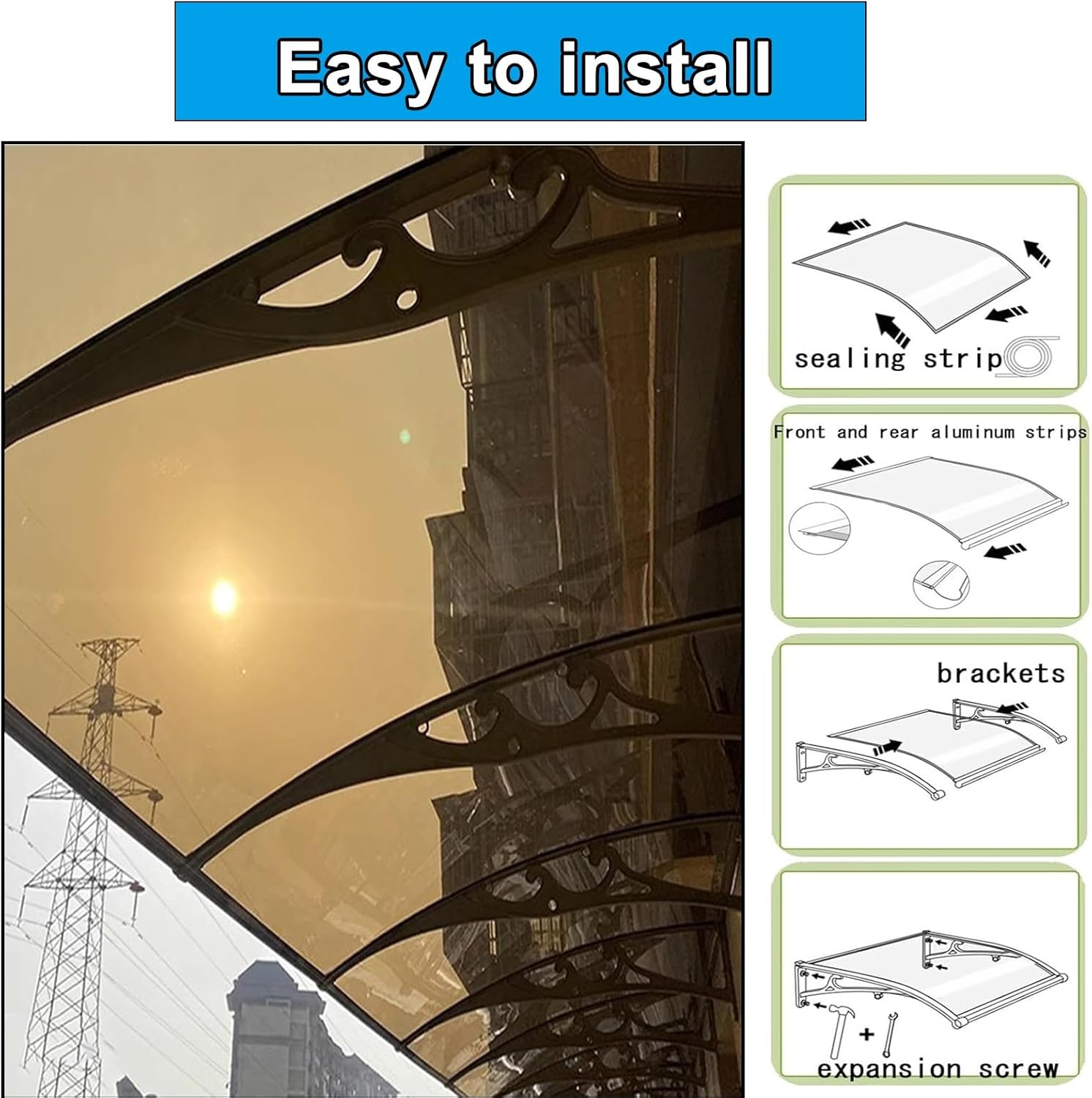 玄関用オーニング、アルミブラケット付き窓用オーニング外装、UV、雨、雪対策、玄関、バルコニー、ガレージ用の耐久性のあるポリカーボネー