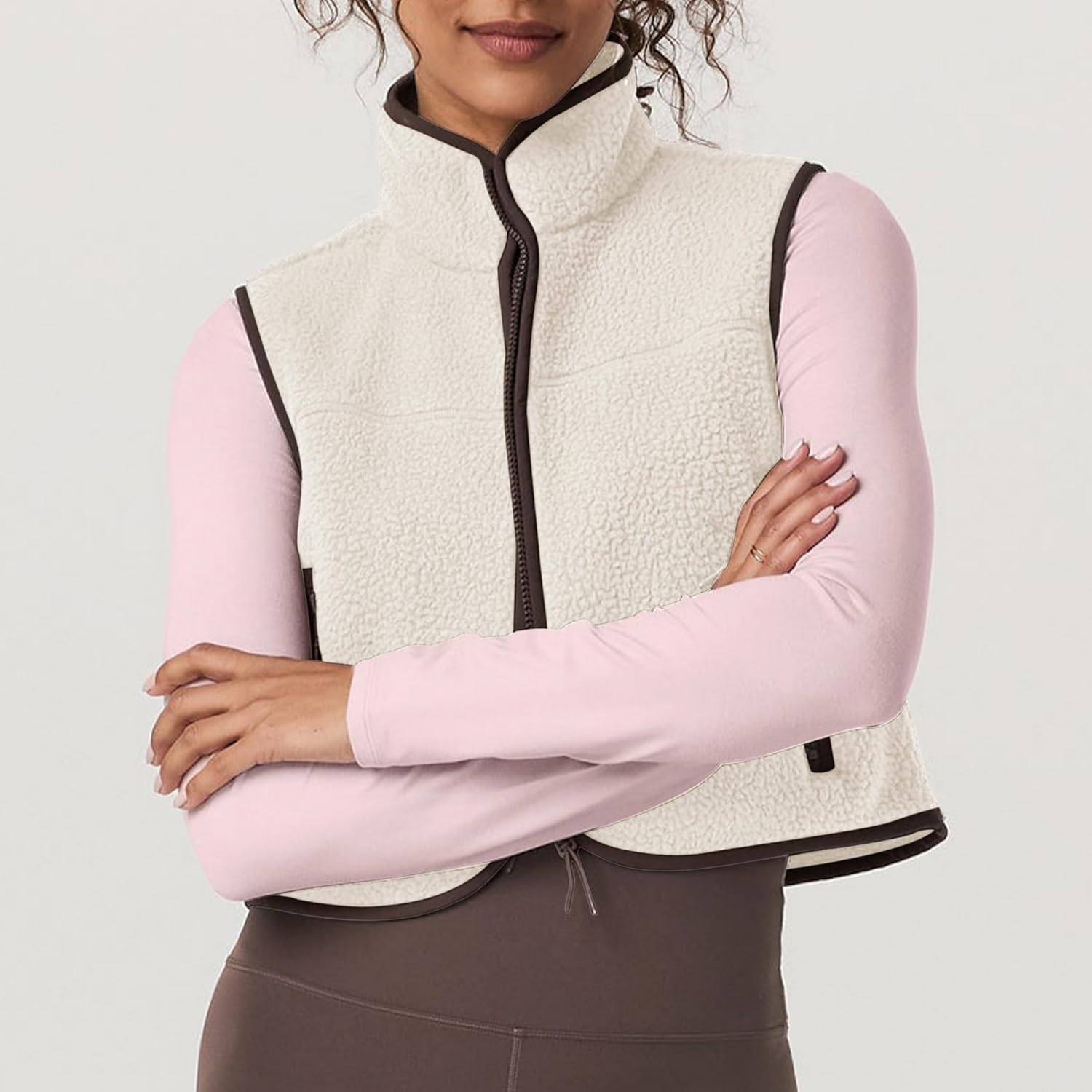 Cropped Fleece Vest Women Zip Up Stand Collar Warm Sherpa Vest Fall Cute Sleeveless Fleece Waistcoat with Pocket - Image 5