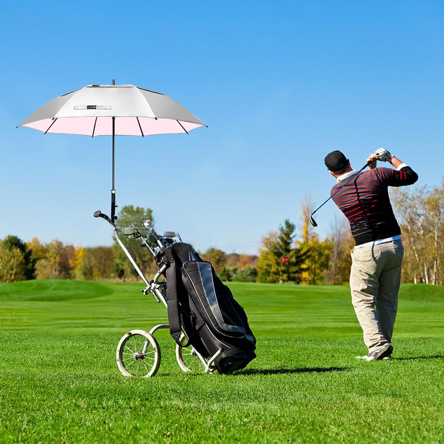 ZOMAKE 54" Large Golf Umbrella UV Protection - Double Canopy Vented Golf Umbrellas Oversize for Rain Windproof Automatic Sun Blocking Umbrella Golf Push Cart Umbrella XL for Men(Silver Black&Pink)