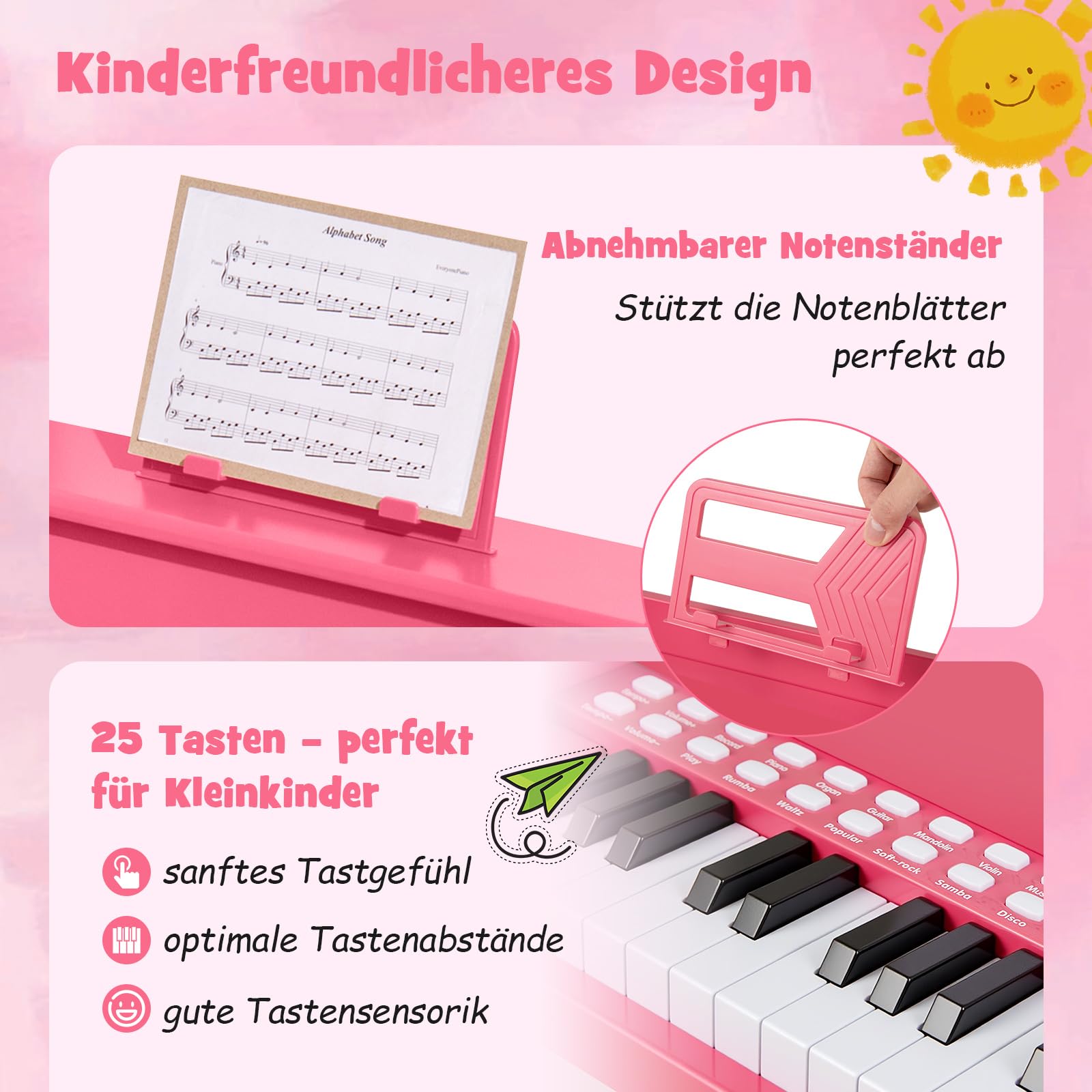 COSTWAY 25-Tasten Keyboard Kinder, elektronisches Kinderklavier mit Hocker, verstellbarem Mikrofon & Notenständer & Lehrmodus , Kinderpiano Klaviertastatur für Kinder ab 3 Jahren (Rosa)