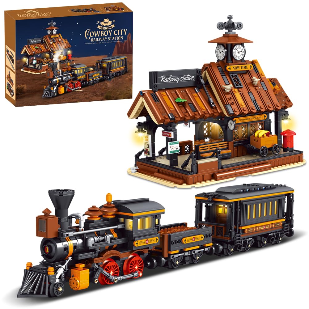 Western  Railroad Nゲージセット DUANT 39117 Cowboy City Train Station Building Blocks with LED