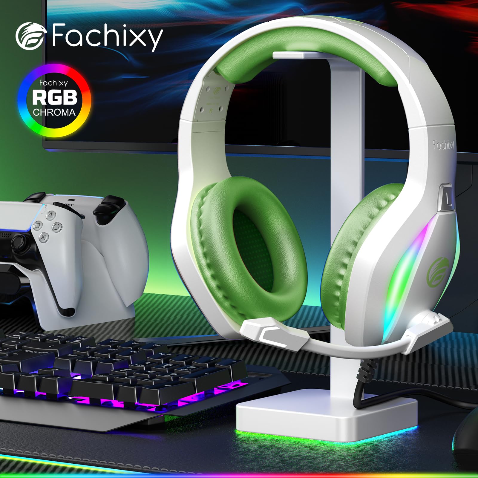 Fachixy FC100 Casque Gaming pour PC, PS4, PS5, Xbox, Mac, Nintendo Switch, Casque Gamer PS4 avec Lumière RVB, Casque PS5 avec Micro, Casque Antibruit avec Prise Jack 3,5 MM - Blanc Vert