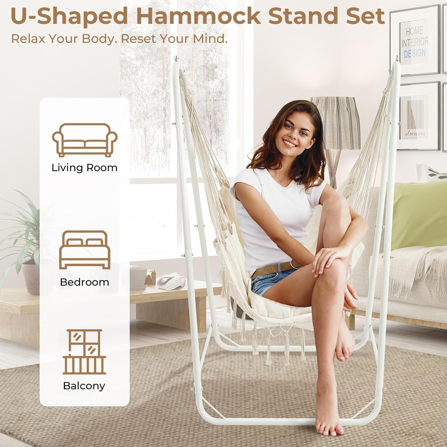 hammock chair with stand, heavy-duty steel hammock stand for indoor & outdoor use, solid support & stable base, 220 lbs capacity, u-shaped design, easy assembly, hammock chair included - white set - white similar to item 