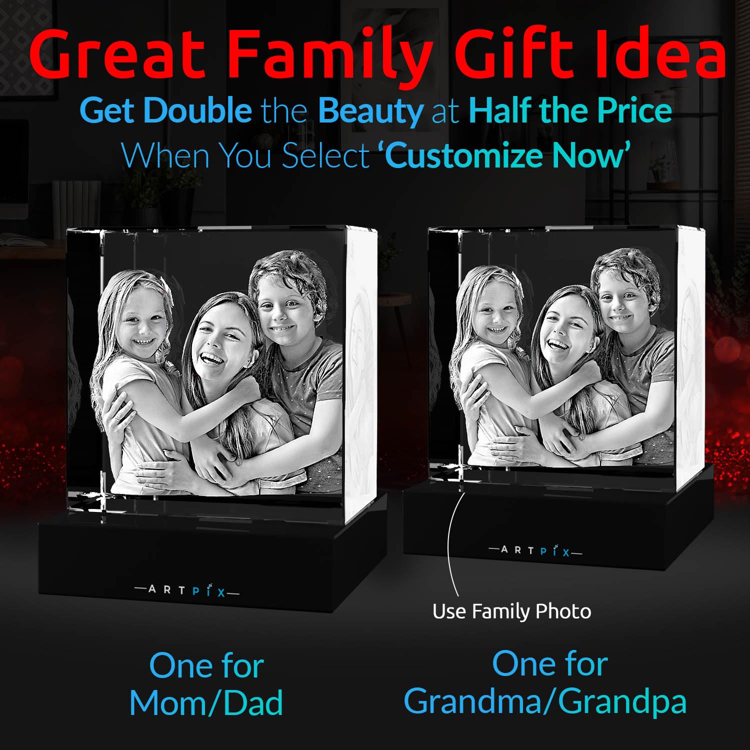 ArtPix 3D Crystal Photo, regalo personalizado con su propia foto, imagen grabada con láser 3D, cristal de corazón grabado, regalos de cumpleaños conmemorativos para mamá, papá, hombres, mujeres