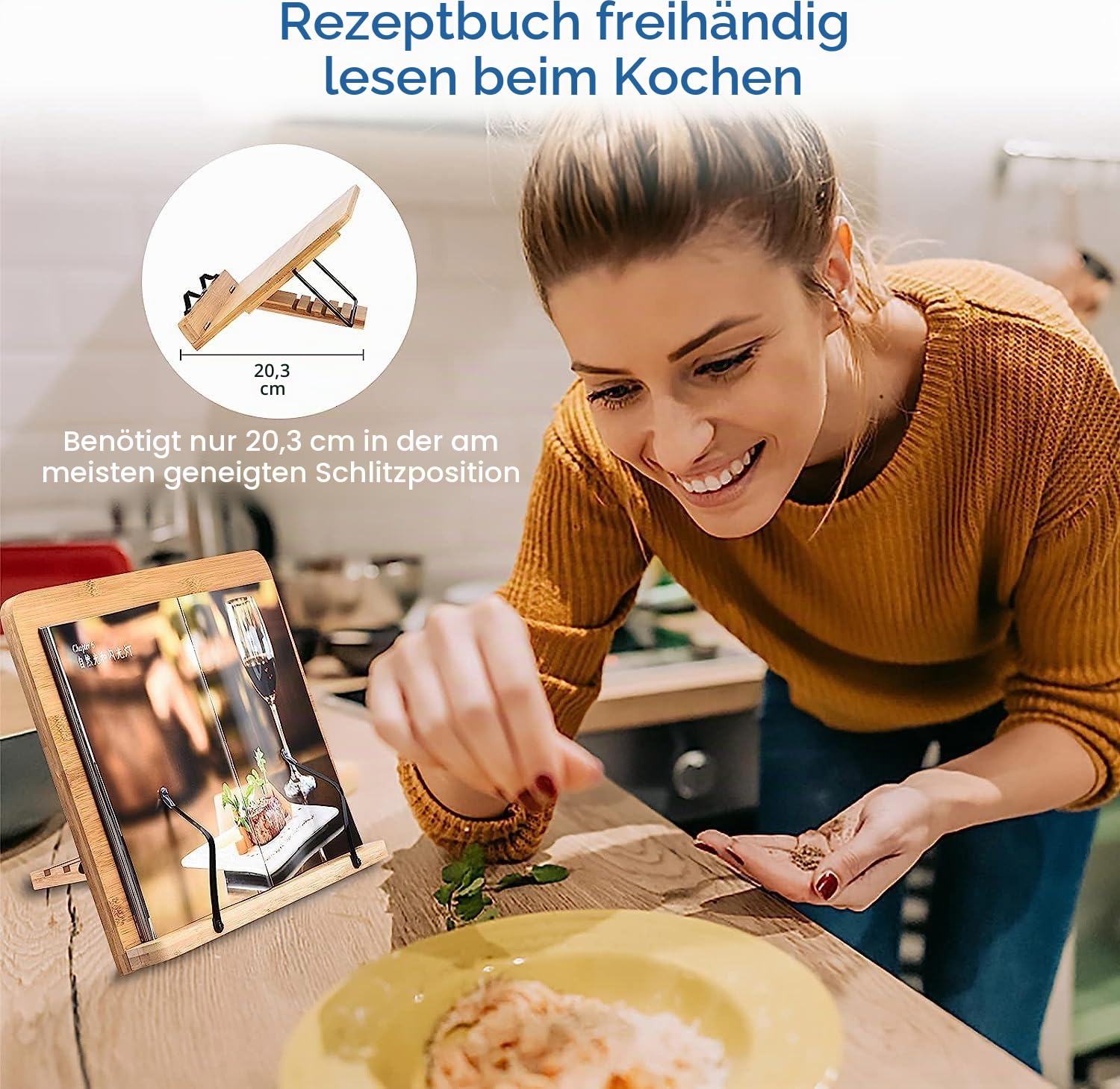 Buchständer aus Holz und Kochbuchständer mit verstellbaren Winkeln Buchhalter zum Lesen freihändig stabiler Kochbuchhalter Rezeptbuchhalter mit Büroklammern hält Bibeln, Lehrbücher (34 x 23,9 cm)