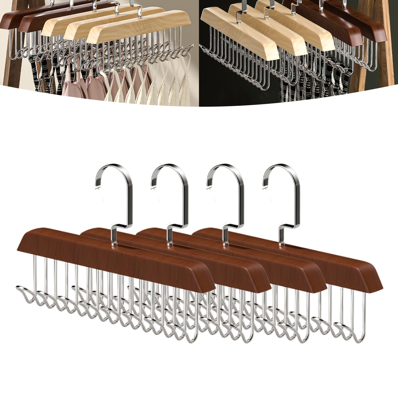 HEVOY Tank Top Hanger, Bra Hangers Space Saving for Closet, 360° Rotating 8 Hooks Tie Rack Hanger, Multifunctional Non-Slip Storage Hangers, Organizer & Storage for Camisoles Strappy (4, Brown)