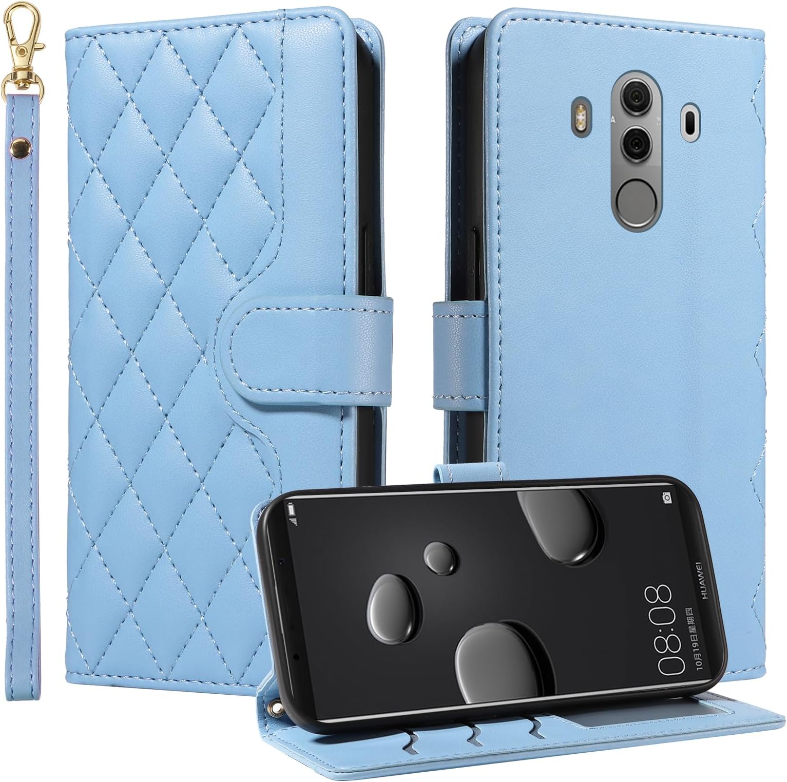 Cover Compatible with Huawei Mate 10 Pro Wrist Strap Flip Stand Wallet【3 Card Slot】 Magnetic Closure Phone Case Blue