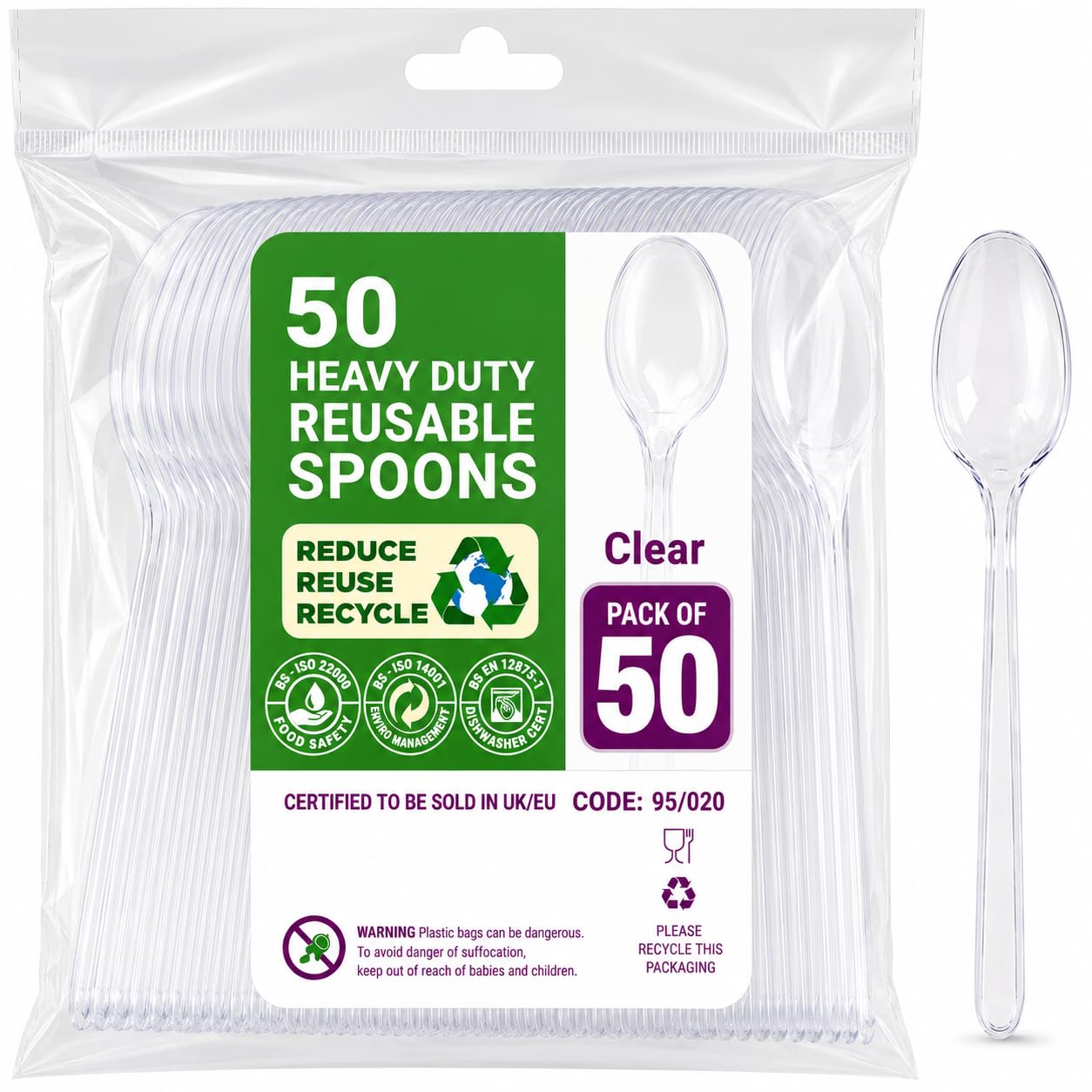 Clear Reusable Plastic Table Spoons, Dishwasher Safe, Pack of 50, BPA Free
