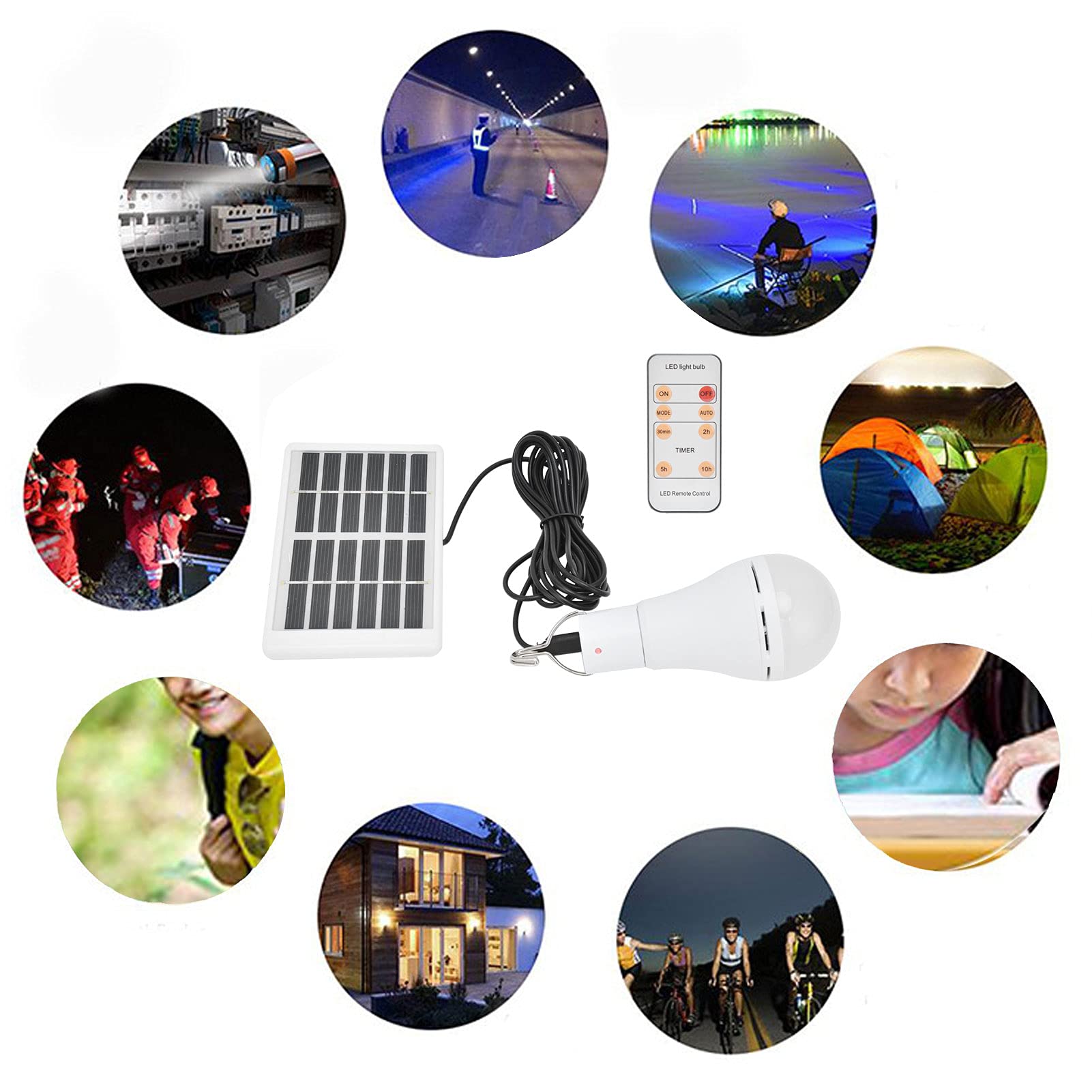 Bombilla Solar Drikou, recargable con temporizador remoto, bombilla LED con alimentación solar, luz blanca, bombilla inteligente integrada para acampar el jardín