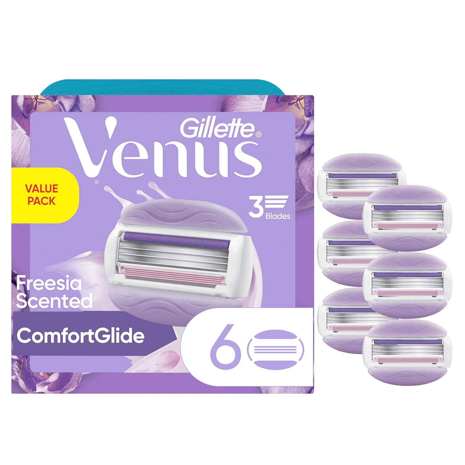 Gillette Venus ComfortGlide Freesia Women's Razor Refills, 6 Refill Cartridges, Fits Venus Reusable Razor Handles, 3-Bladed with Built-in Shave Gel Bars