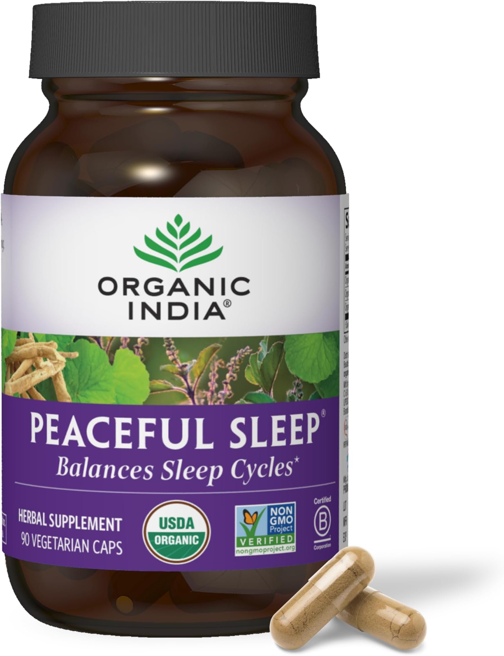 Peaceful Sleep Herbal Supplement - Deep Sleep Aid for Adults, Natural Herbal Aid Without Melatonin, Supports Circadian Rhythm, USDA Certified Organic, Non-GMO - 90 Capsules