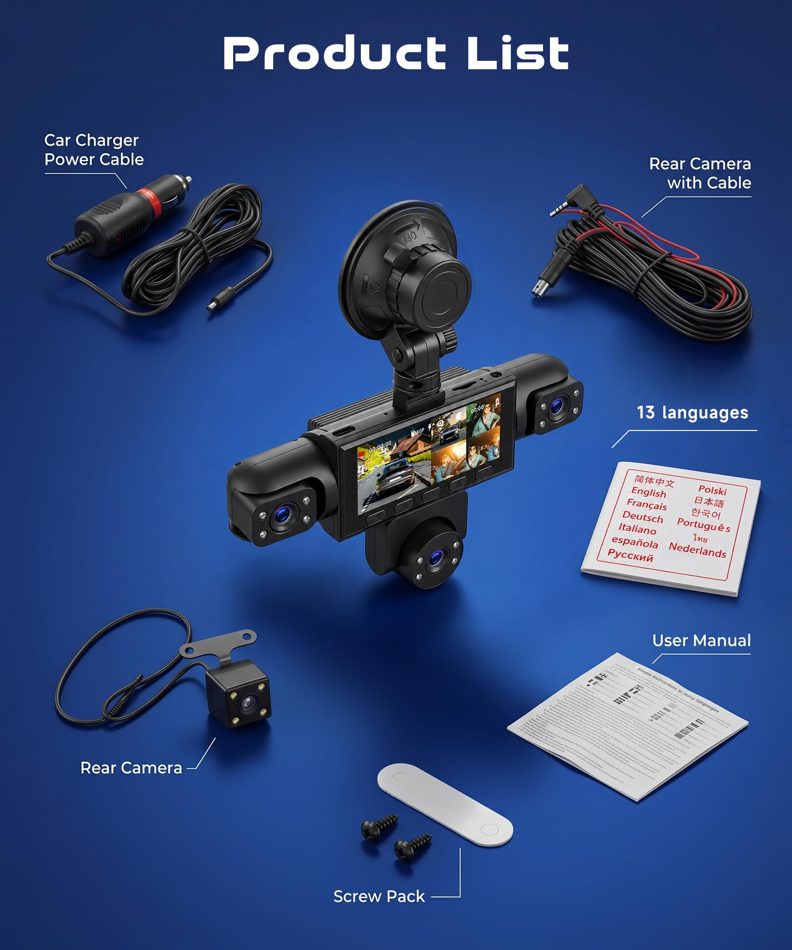 Rimoody 360° 5 Canali Dashcam Voiture, 5 x Caméra 1080P Avant et Arrière Gauche Droite, 3.16" Enregistreur de Voiture Vision Nocturne/Loop Video/Moniteur de Stationnement 24H/Aide au Stationnement