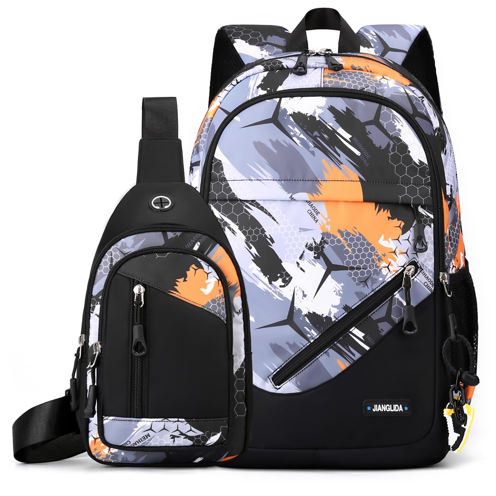Amythe Mochila Escolar Niño Teenager con Bolsos Cruzados Hombre Casual Daypack para Chicos 9 10-18 años, Mochilas Escolares Adolescentes Grande Impermeable Camouflage, Naranja