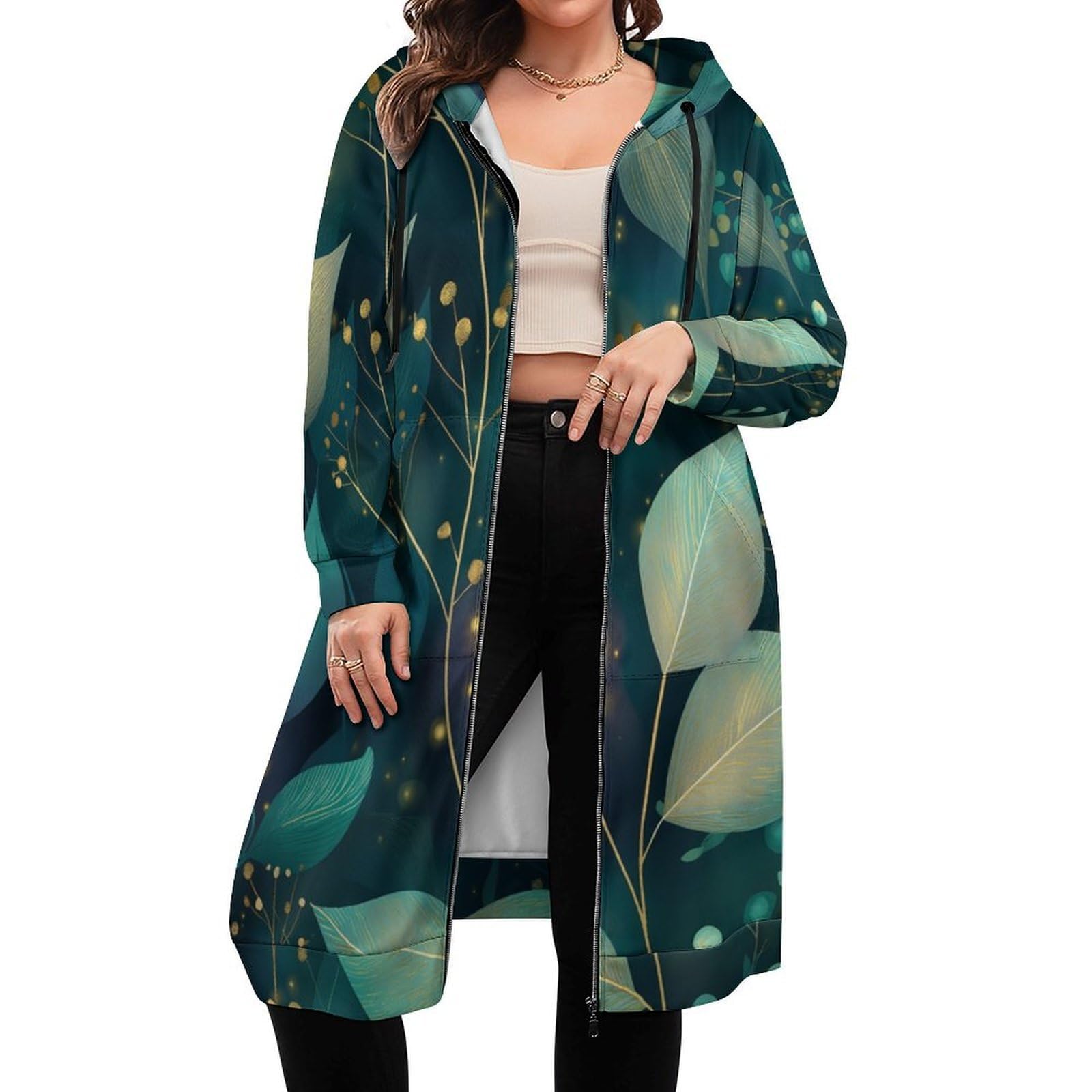 Felpa Donna con Zip Felpe Sportiva con Tasche E Cappuccio Rami E Foglie Morbida Invernale Giacca Regolabile Confortevole per Uso Quotidiano Casual