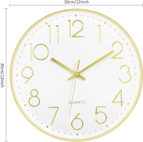 Miniatura 7 de Lumuasky Reloj de pared dorado de 12 pulgadas, silencioso, sin tictac, funciona con pilas, reloj redondo moderno para sala de estar, dormitorio,