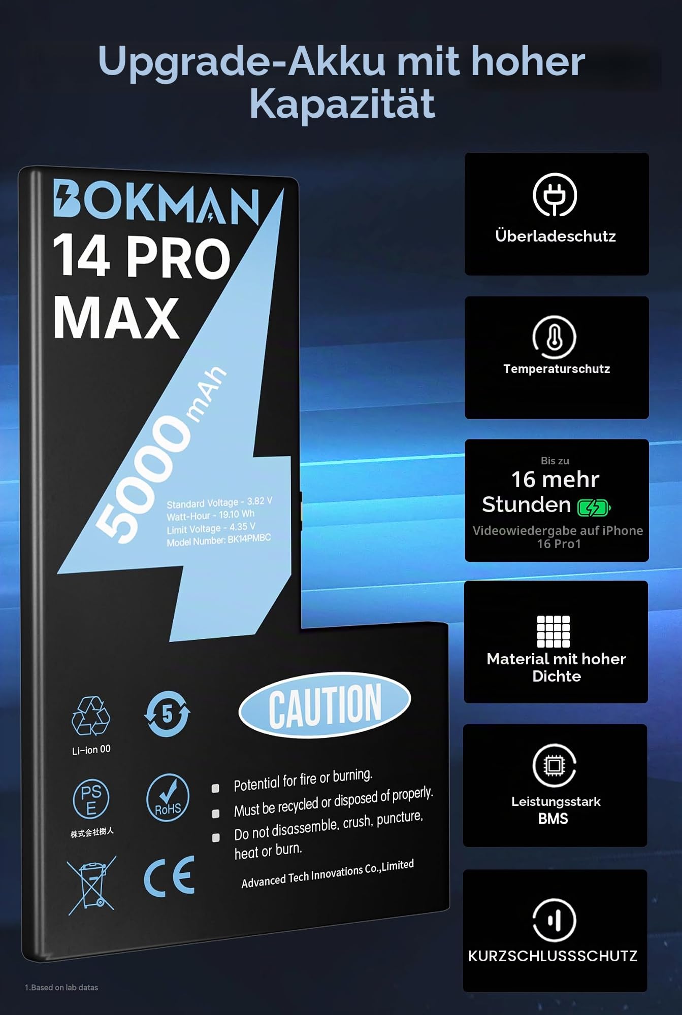 bokman Akku für iPhone 14 Pro Max, 5000 mAh, hohe Kapazität, Ersatzakku mit allen Sets