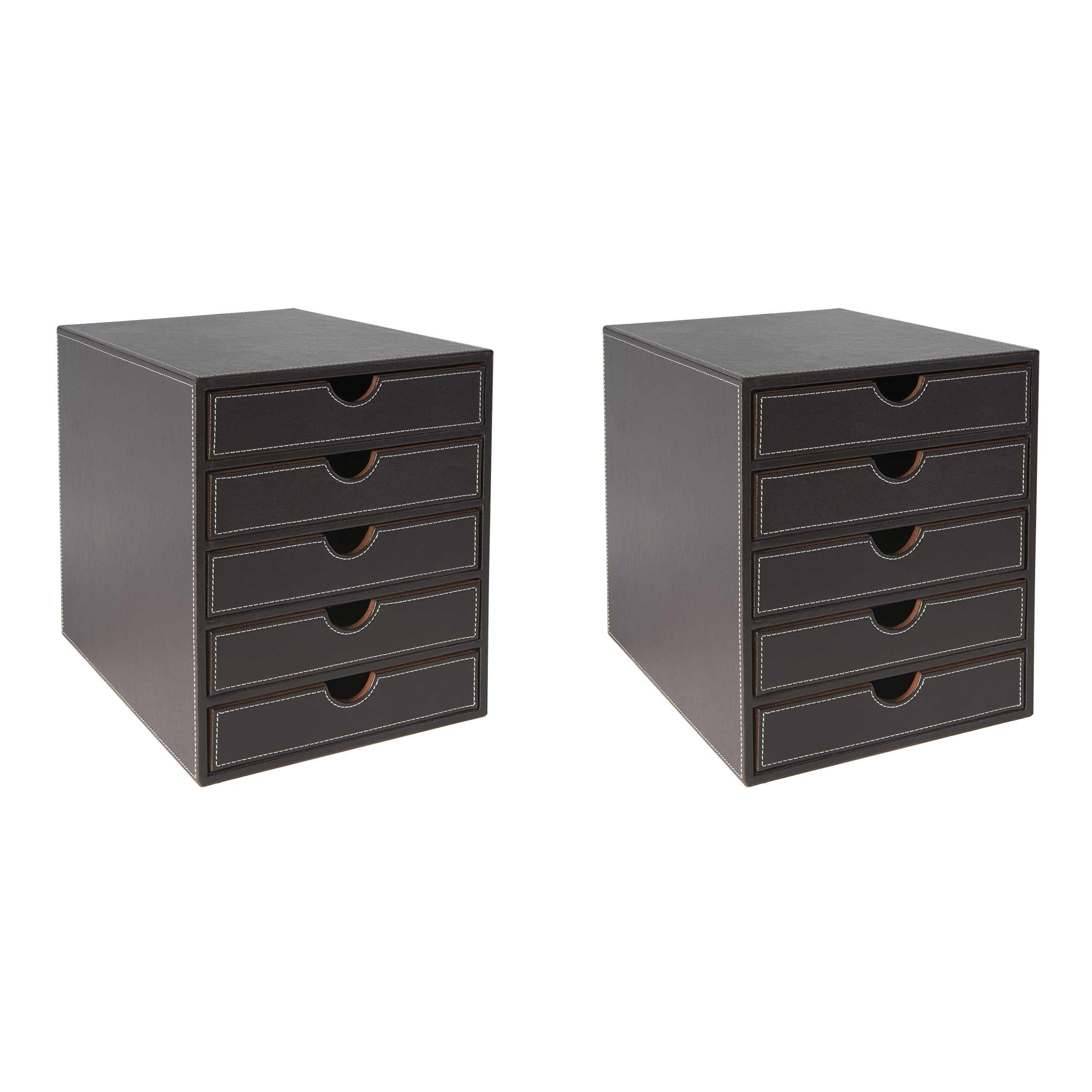 OSCO (2 PACK) Faux Leather 5 Tier Paper Sorter A4 Drawer Unit, Document Storage Organiser, Desk Tidy for Home Office, Paperwork Filing Cabinet, 31 x 25 x 34 cm, Brown