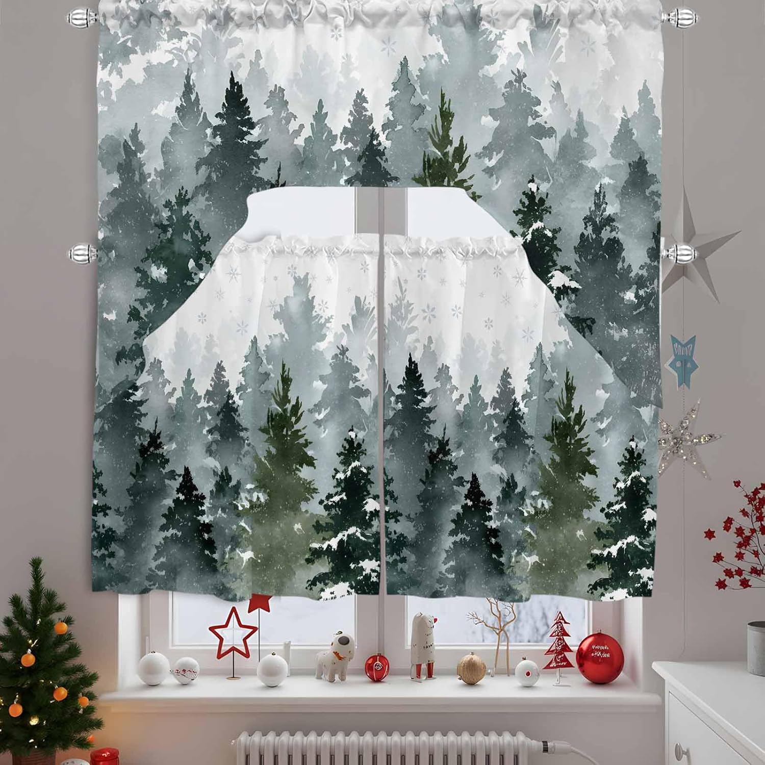 Christmas Swag Kitchen Curtain Sets with Valance,3 Pieces Rod Pocket Curtain Drapes for Bedroom Living Room Bathroom Windows,Forest Winter Pine Tree Snowflake Green 56''x36'' & 24''x27.5''x2Panels