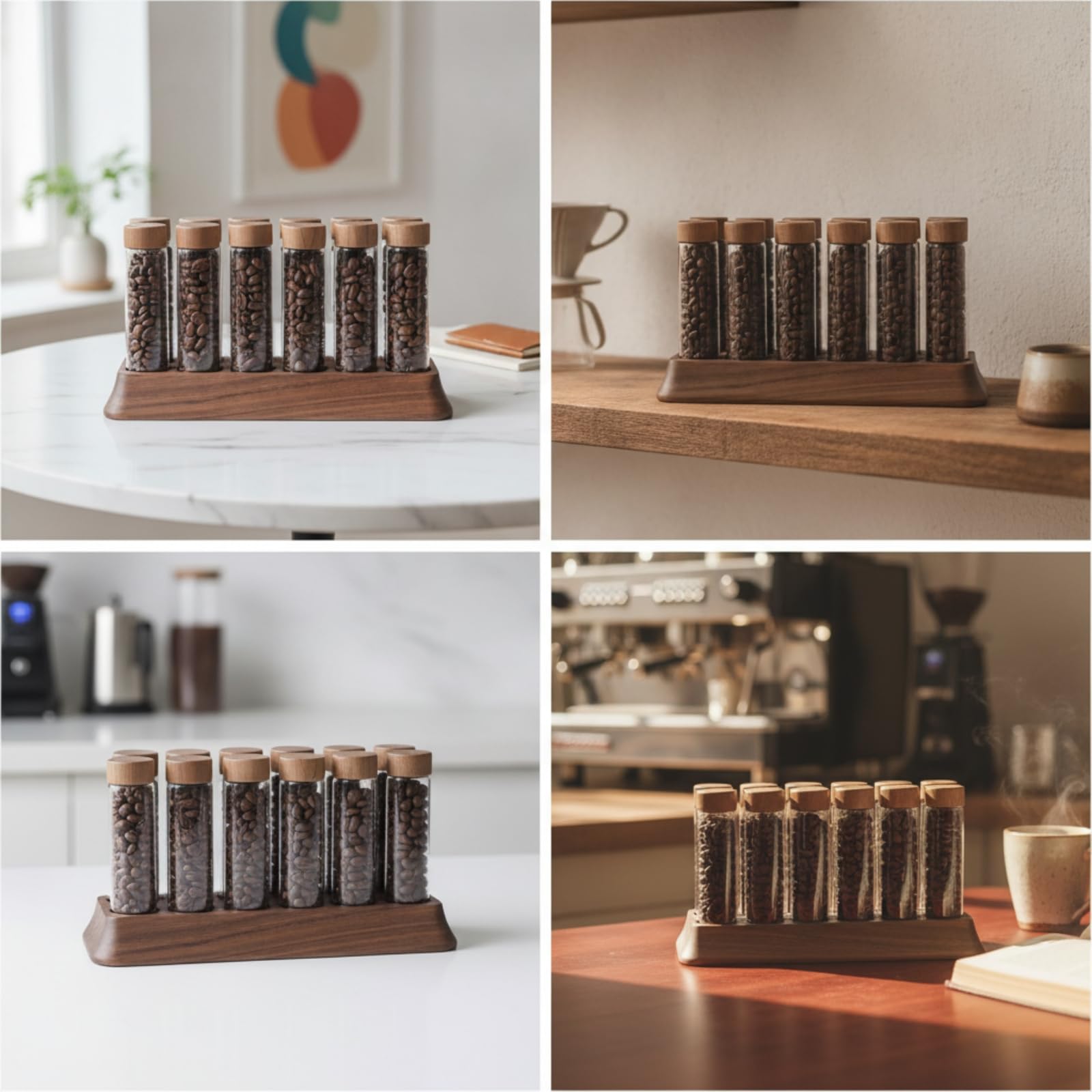 Conteneur de Grains de Café Support Organiseur Présentoir Porte-tubes avec Base Inclinée en Bois et 12 Logements Alignés pour Portions Adapté aux, 10 Cm, style to 3