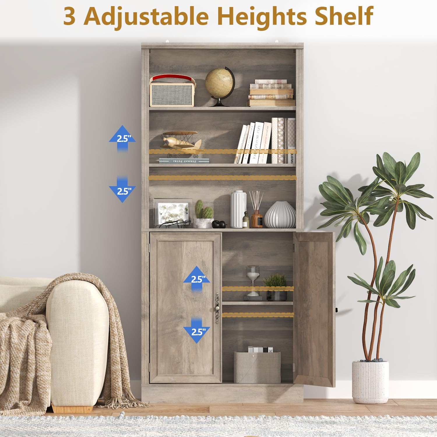 Thacuok 72'' Tall Bookcase with Doors, Adjustable Shelves, P2 MDF Construction, 32'' Wide Freestanding Cabinet with Metal Handles, Hidden Storage for Living Room, Bedroom