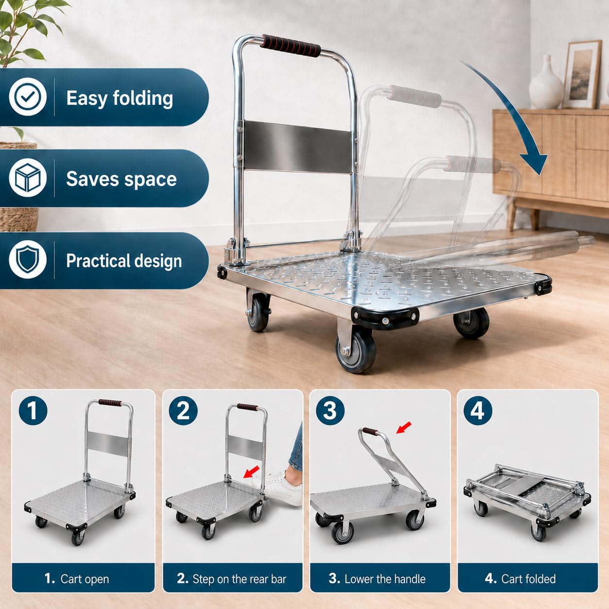 MAGIC SELECT Carro Plataforma Plegable 600 kg 90 x 60 cm | Ruedas 360º, Plataforma Antideslizante, Asa Plegable Ergonómica, Cuerda Elástica y Kit de Montaje