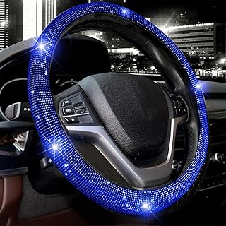MT BEST BUY 3Psc Steering Wheel Cover with Rhinestones, Fits Most Vehicles, Decorative Accessory (blue)