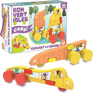 MindWare Konvertibles Transforming Wooden Cars – 2‑Piece Flip‑&‑Change Vehicle Set with Carry‑Along Box That Becomes 3‑D Road Scene, Toddler Toy for Ages 18 Months +