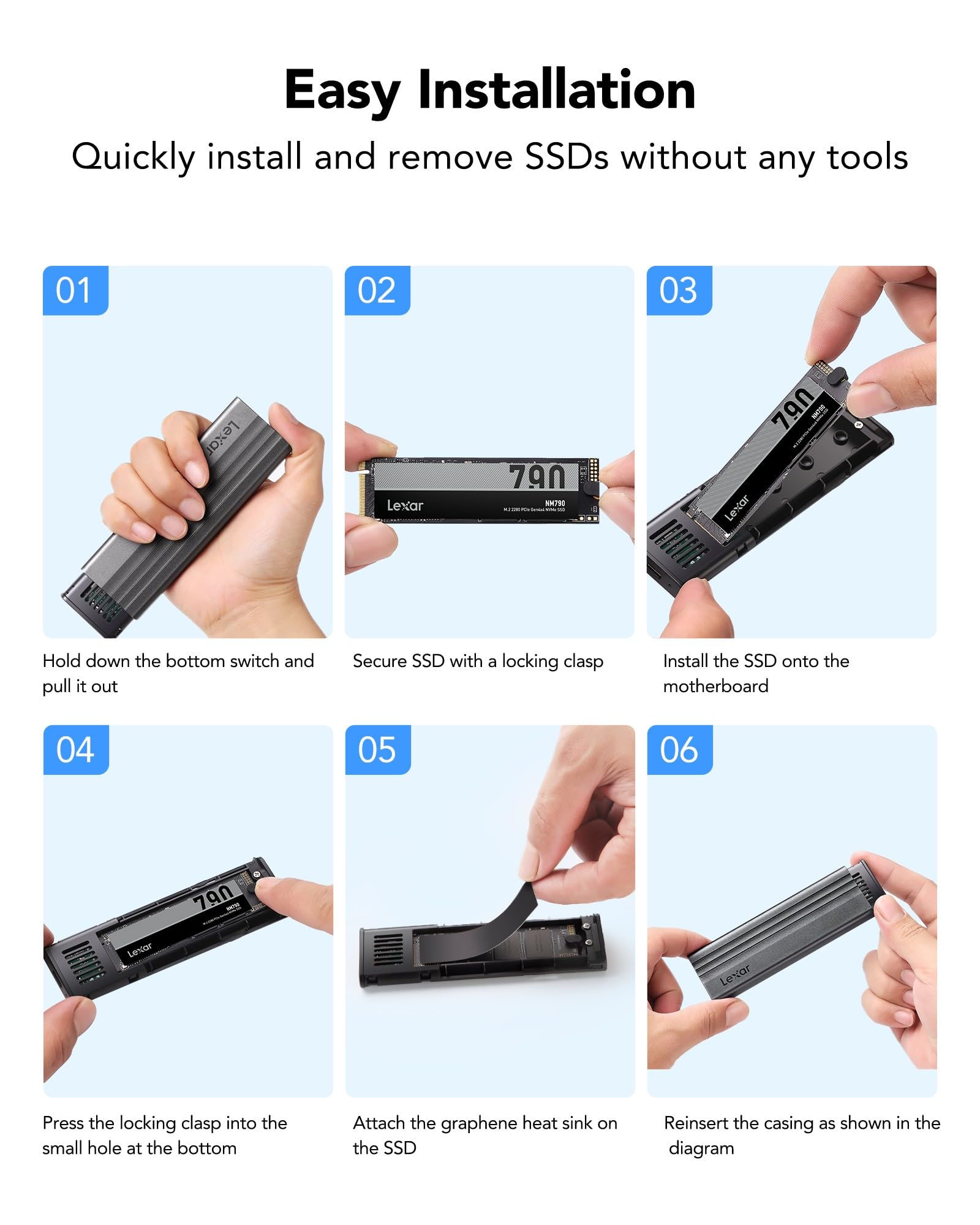 Lexar E300 M.2 PCIe NVMe SSD Enclosure Adapter USB 3.2 Gen 2 (10 Gbps) Compatibile con M/B&M Key, Unità a Stato Solido Tipo C Supporto Custodia Senza Strumenti UASP Trim NVMe SSD 2230/2242/2260/2280