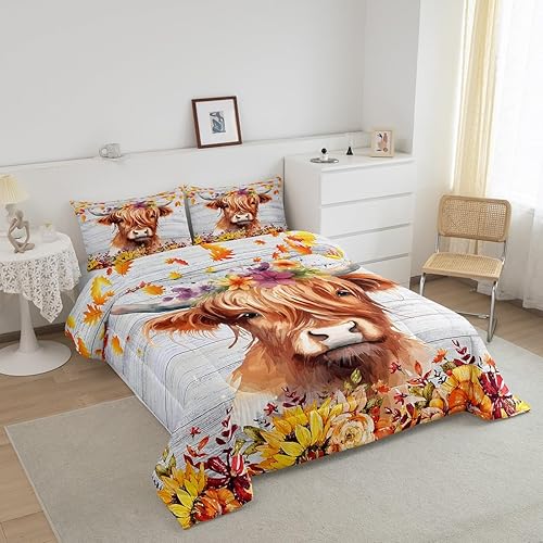 Miniatura 2 de Feelyou Juego de edredón de hojas de otoño, tamaño individual, juego de edredón de otoño de vaca de las tierras altas, edredón de temporada de