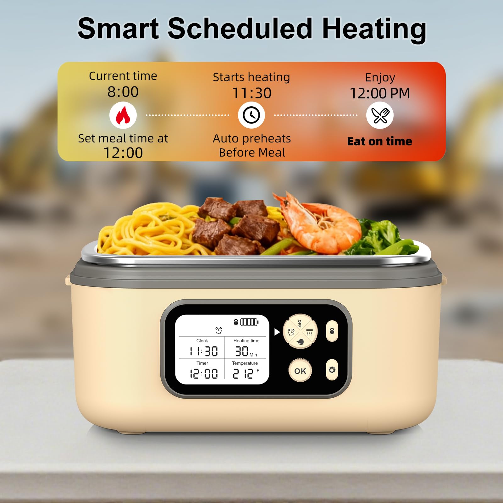 Fiambrera eléctrica inalámbrica con calefacción, XL 6.3 tazas, 24000 mAh, recargable, calentador de alimentos con autocalentamiento, temporizador inteligente, temperatura ajustable, a prueba de