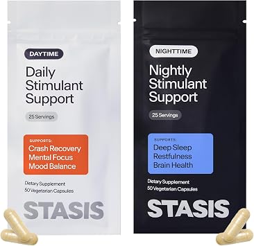 STASIS Day & Night Supplement Set for Men & Women with L Theanine, Ashwagandha, Magnesium, Melatonin & CoQ10, Energy & Focus Support Capsules, 50 Servings, 25 Day & 25 Night, Refill Sachets
