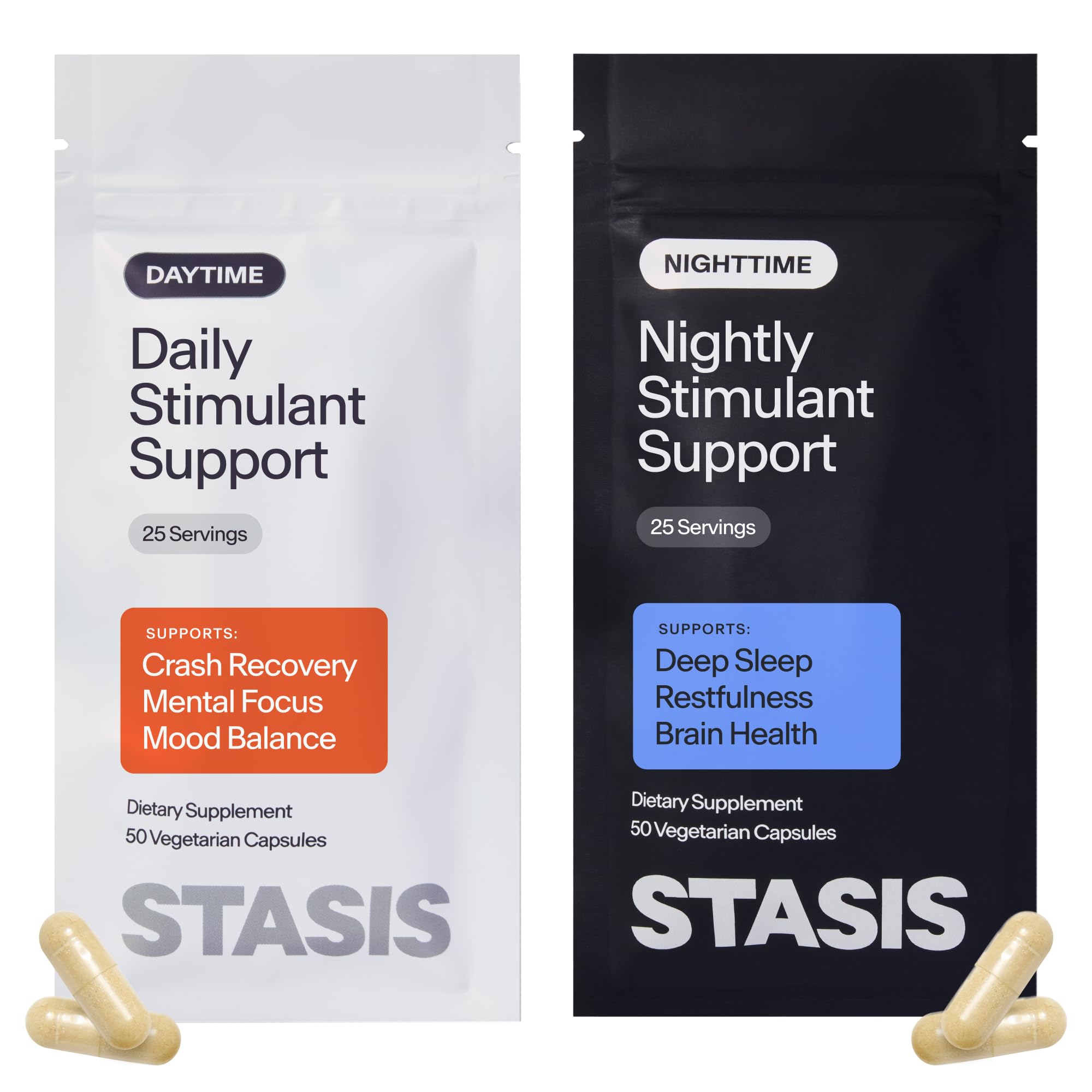 STASIS Day & Night Stimulant Support Supplement Refill Kit, 50ct 25 Day Refill