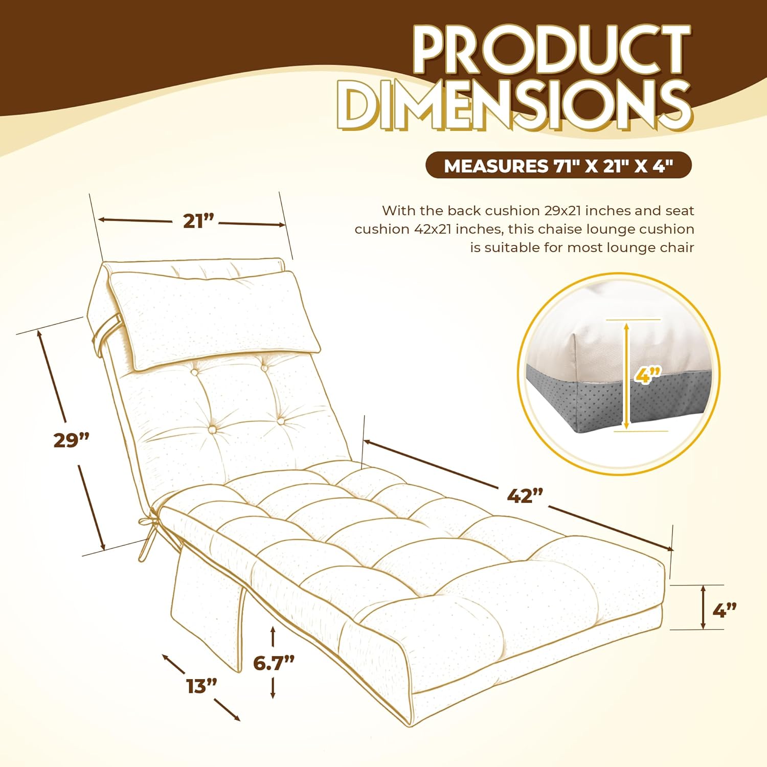 outdoor chaise lounge chair cushion, waterproof outdoor chair cushions for patio furniture, 71 x 21 x 4 inches replacement chaise lounge cushion with ties (cream) cream lounge chair cushions